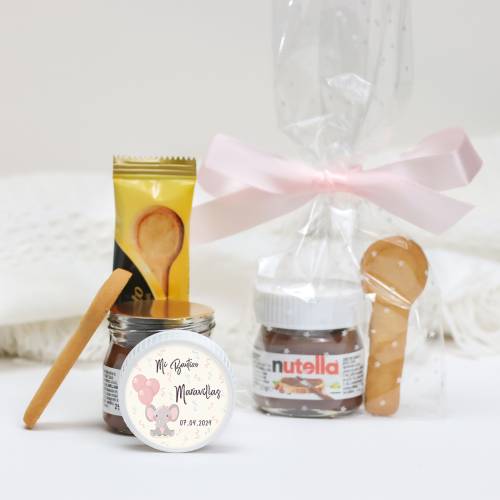Mini Nutella personalizada con galleta "Elefante niña" Detalles bautizo - Detalles gourmet personalizados bautizo
