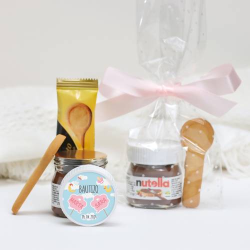 Mini Nutella personalizada con galleta "Gemelas nube" Detalles bautizo - Detalles gourmet personalizados bautizo