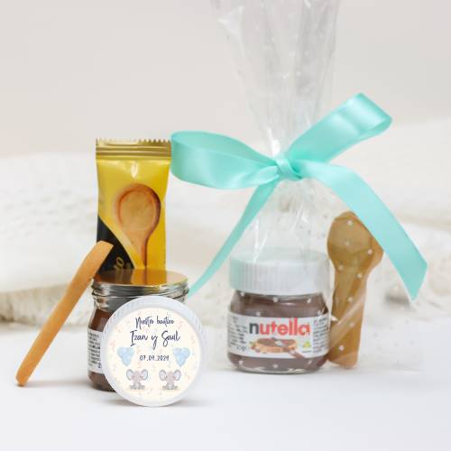 Mini Nutella personalizada con galleta "Gemelos elefante" Detalles bautizo - Detalles gourmet personalizados bautizo