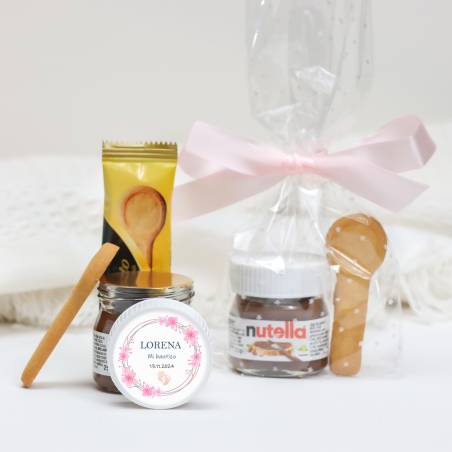 Mini Nutella personalizada con galleta "Huellas niña" Detalles bautizo - Detalles gourmet personalizados bautizo