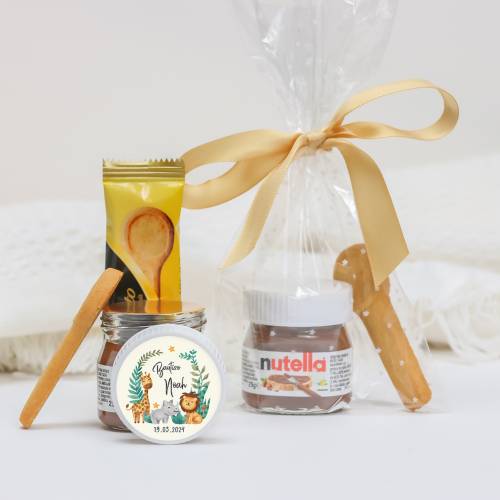 Mini Nutella personalizada con galleta "Selva" Detalles bautizo - Detalles gourmet personalizados bautizo