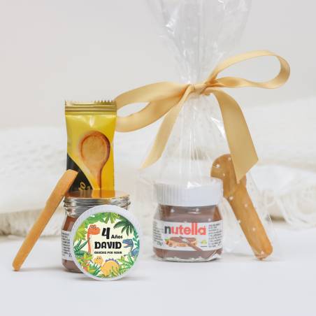Mini Nutella personalizada con galleta "Dinosaurios" Detalles cumpleaños - Detalles gourmet personalizados de cumpleaños