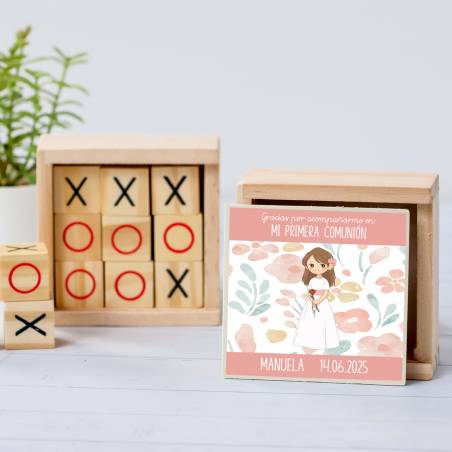Juego 3 en raya personalizado con pegatina "Flores" Detalles invitados comunión - Juegos personalizados de comunión