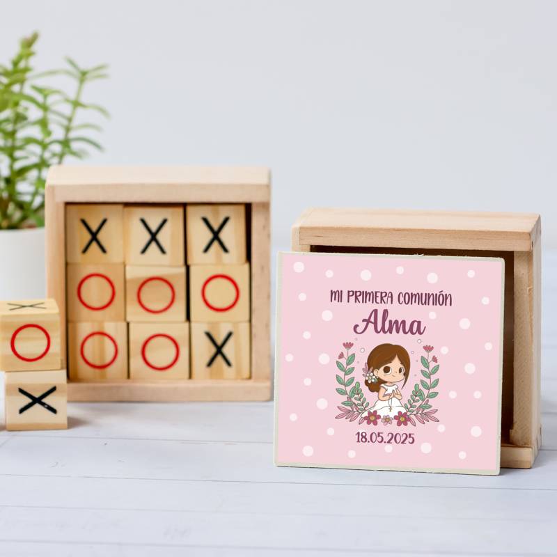Juego 3 en raya personalizado con pegatina "Puntos Rosas" Detalles invitados comunión - Juegos personalizados de comunión