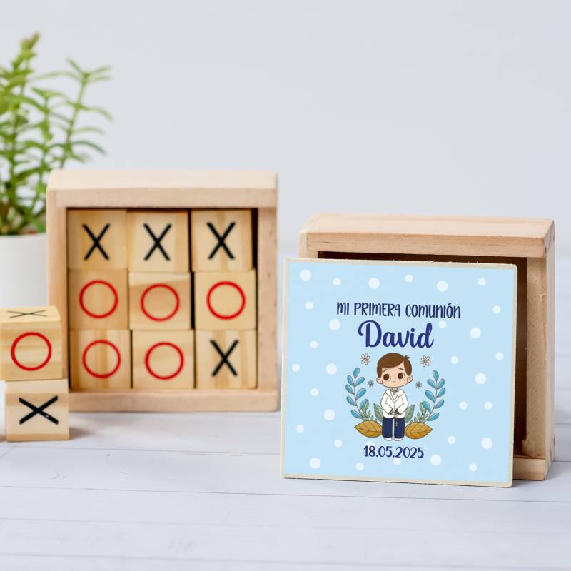 Juego 3 en raya personalizado con pegatina "Puntos Azules" Detalles invitados comunión - Juegos personalizados de comunión