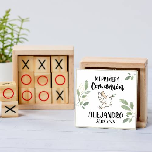 Juego 3 en raya personalizado con pegatina "Paloma" Detalles invitados comunión - Juegos personalizados de comunión