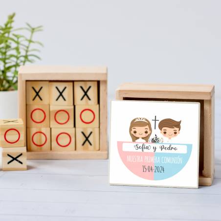 Juego 3 en raya personalizado con pegatina "Mellizos" Detalles invitados comunión - Juegos personalizados de comunión