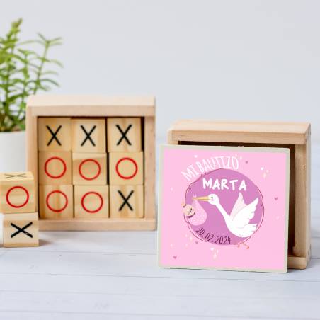 Juego 3 en raya personalizado con pegatina "Cigüeña" Detalles invitados bautizo - Juegos personalizados de bautizo
