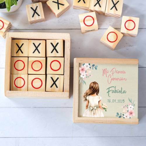 Juego 3 en raya personalizado con grabación "Acuarela Niña" Detalles invitados comunión - Juegos personalizados de comunión
