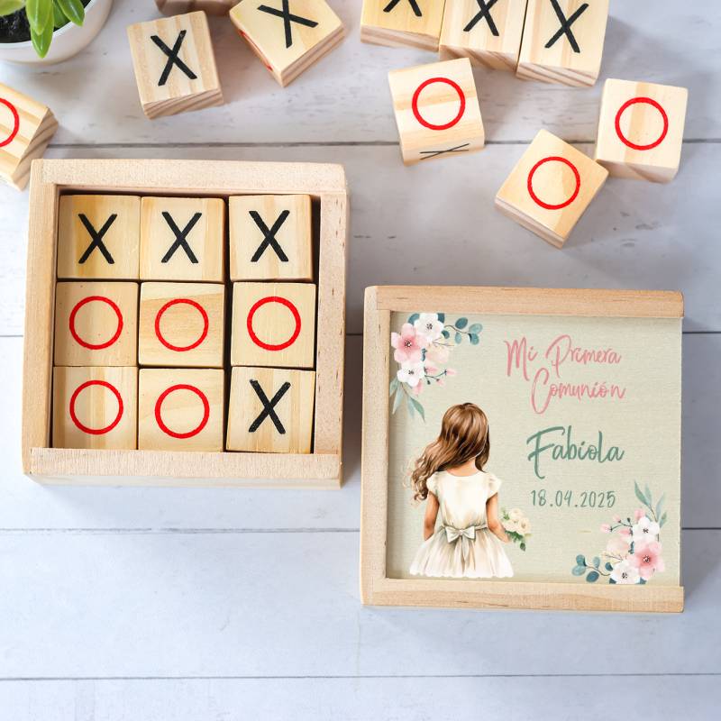 Juego 3 en raya personalizado con grabación "Acuarela Niña" Detalles invitados comunión - Juegos personalizados de comunión
