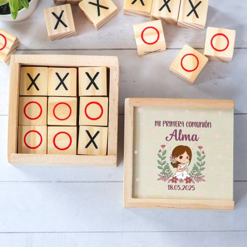 Juego 3 en raya personalizado con grabación "Puntos Rosas" Detalles invitados comunión - Juegos personalizados de comunión