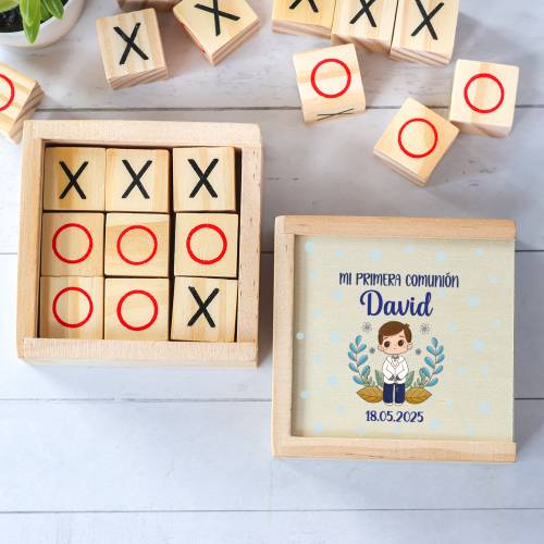 Juego 3 en raya personalizado con grabación "Puntos Azules" Detalles invitados comunión - Juegos personalizados de comunión