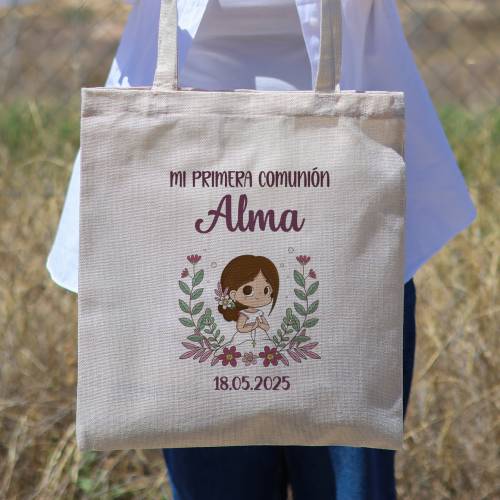 Bolsa de tela personalizada Comunión "Puntos rosa" Detalles de comunión - Bolsas de tela personalizadas comunión