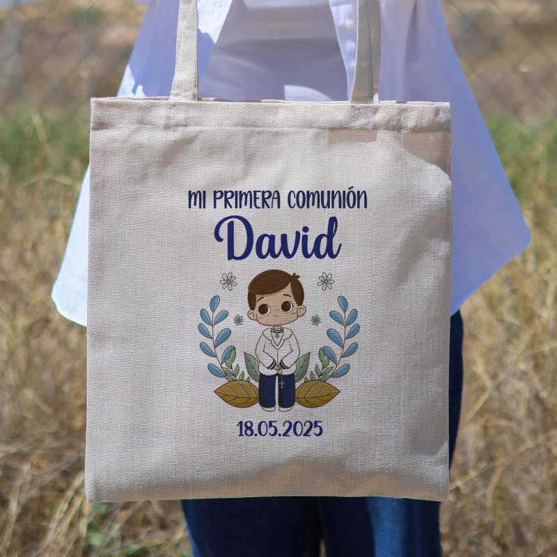 Bolsa de tela personalizada Comunión "Puntos azul" Detalles de comunión - Bolsas de tela personalizadas comunión