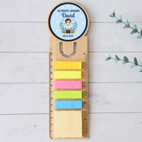 Marcapáginas personalizado de madera "Puntos Azul" Detalles invitados comunión - Marcapáginas personalizados de comunión