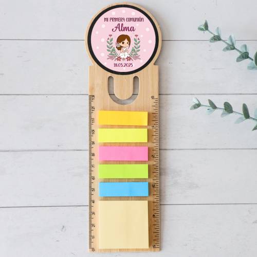 Marcapáginas personalizado de madera "Puntos rosa" Detalles invitados comunión - Marcapáginas personalizados de comunión