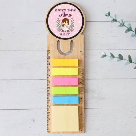 Marcapáginas personalizado de madera "Puntos rosa" Detalles invitados comunión - Marcapáginas personalizados de comunión