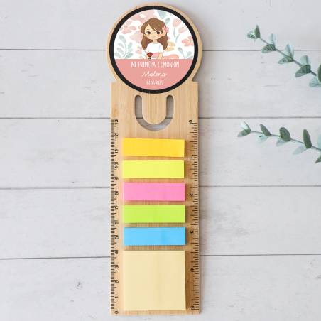 Marcapáginas personalizado de madera "Flores" Detalles invitados comunión - Marcapáginas personalizados de comunión