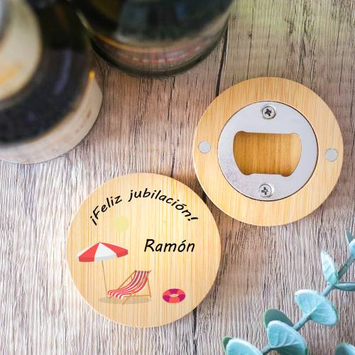 Abridor de madera personalizado con grabación "Modelo Jubilación" Detalle cumpleaños - Abridores imán de cumpleaños