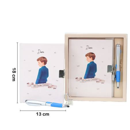 Diario Mi Primera Comunión Niño con Cerradura y Llave, Incluye Bolígrafo Mágico 18x13 cm - Libros Comunión Firmas y Huellas