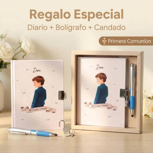 Diario Mi Primera Comunión Niño con Cerradura y Llave, Incluye Bolígrafo Mágico 18x13 cm - Libros Comunión Firmas y Huellas