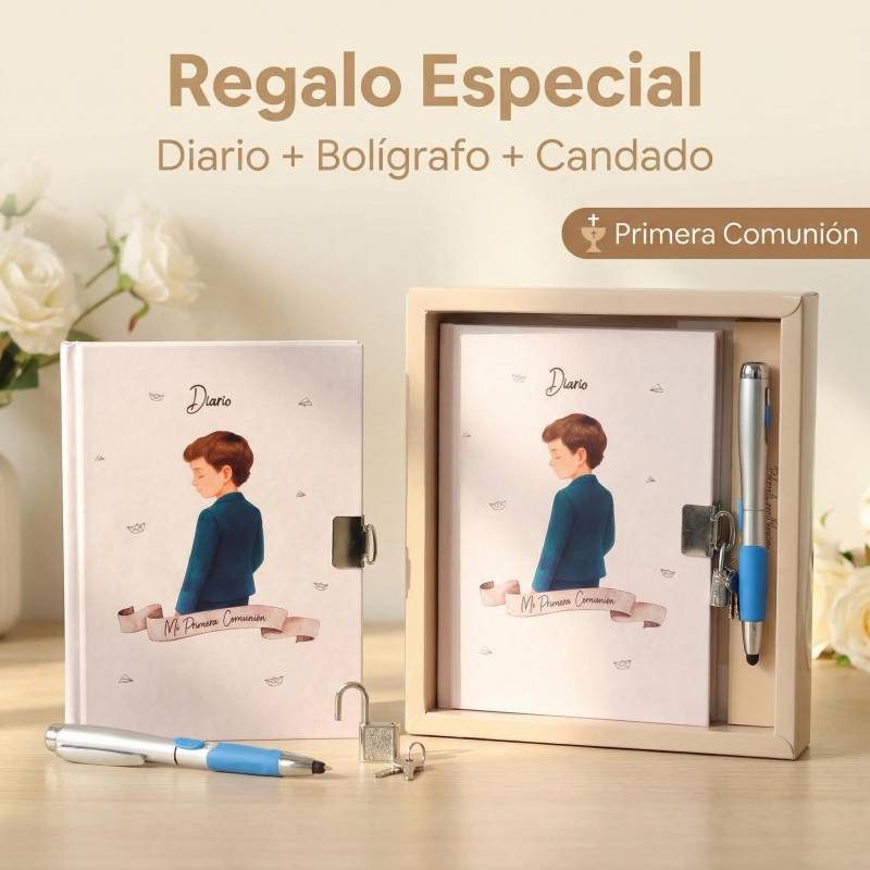 Diario Mi Primera Comunión Niño con Cerradura y Llave, Incluye Bolígrafo Mágico 18x13 cm - Libros Comunión Firmas y Huellas