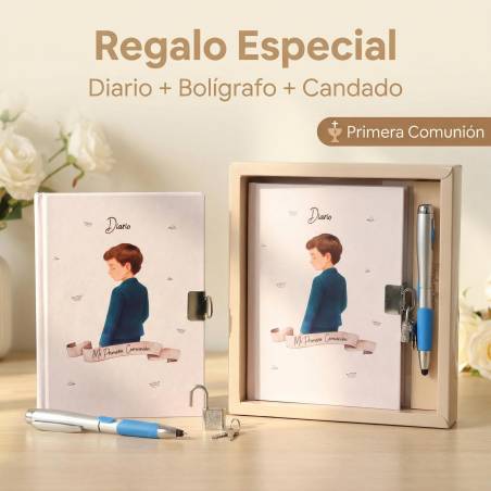 Diario Mi Primera Comunión Niño con Cerradura y Llave, Incluye Bolígrafo Mágico 18x13 cm - Libros Comunión Firmas y Huellas