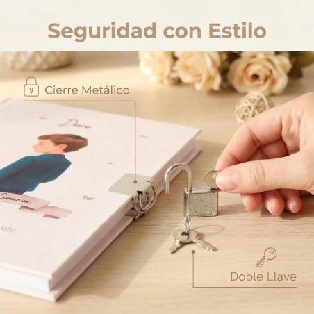 Diario Mi Primera Comunión Niño con Cerradura y Llave, Incluye Bolígrafo Mágico 18x13 cm - Libros Comunión Firmas y Huellas