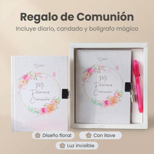 Diario secreto Mi Primera Comunión Niña, Bolígrafo Mágico con Luz, 18x13 cm - Libros Comunión Firmas y Huellas