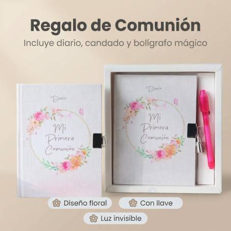 Diario secreto Mi Primera Comunión Niña, Bolígrafo Mágico con Luz, 18x13 cm - Libros Comunión Firmas y Huellas