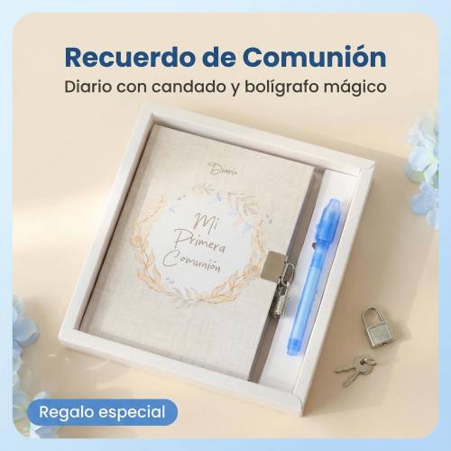 Diario secreto Mi Primera Comunión Niño, Bolígrafo Mágico con Luz, 18x13 cm - Libros Comunión Firmas y Huellas