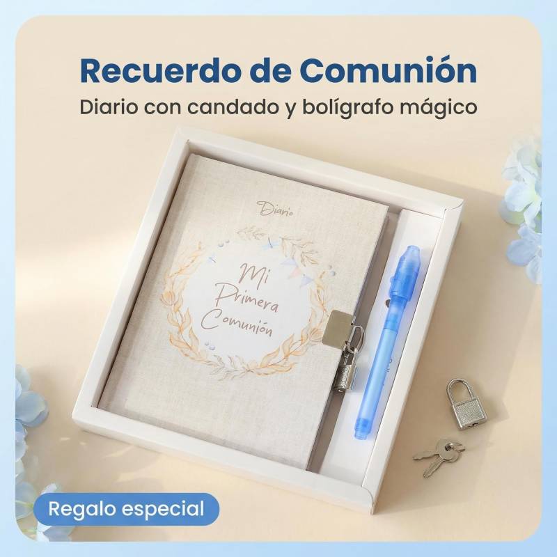Diario secreto Mi Primera Comunión Niño, Bolígrafo Mágico con Luz, 18x13 cm - Libros Comunión Firmas y Huellas