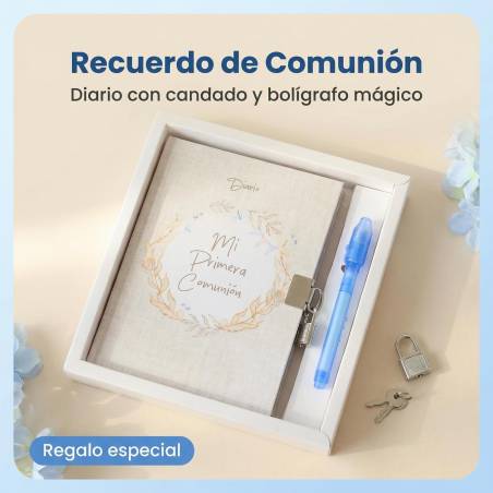 Diario secreto Mi Primera Comunión Niño, Bolígrafo Mágico con Luz, 18x13 cm - Libros Comunión Firmas y Huellas