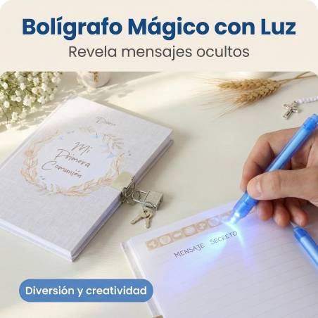 Diario secreto Mi Primera Comunión Niño, Bolígrafo Mágico con Luz, 18x13 cm - Libros Comunión Firmas y Huellas
