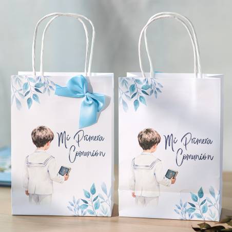 Bolsa de Papel Primera Comunión Niño acuarela con Lazo Azul y Asas - Detalles para comunión