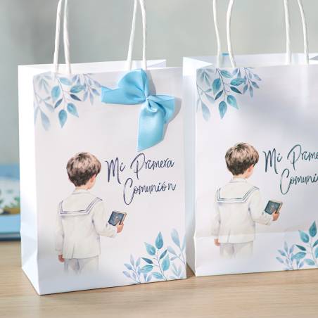 Bolsa de Papel Primera Comunión Niño acuarela con Lazo Azul y Asas - Detalles para comunión