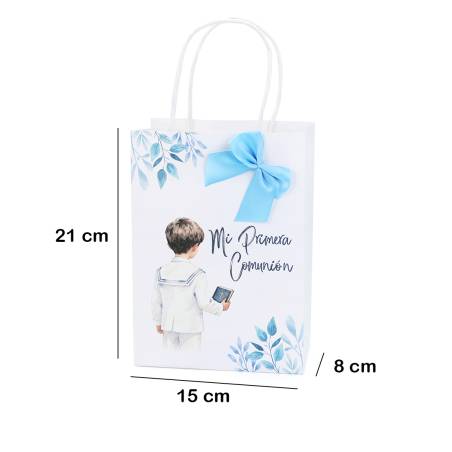 Bolsa de Papel Primera Comunión Niño acuarela con Lazo Azul y Asas - Detalles para comunión
