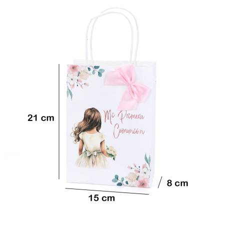 Bolsa de Papel Primera Comunión Niña acuarela con Lazo Rosa y Asas - Detalles para comunión