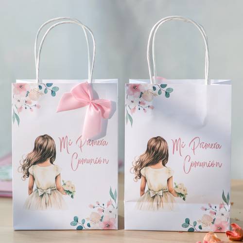 Bolsa de Papel Primera Comunión Niña acuarela con Lazo Rosa y Asas - Detalles para comunión