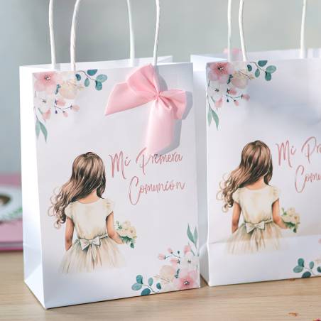 Bolsa de Papel Primera Comunión Niña acuarela con Lazo Rosa y Asas - Detalles para comunión