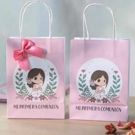 Bolsa de Papel Primera Comunión Niña Rosa con Lazo y Asas - Detalles para comunión