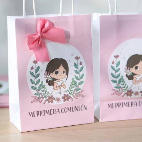 Bolsa de Papel Primera Comunión Niña Rosa con Lazo y Asas - Detalles para comunión