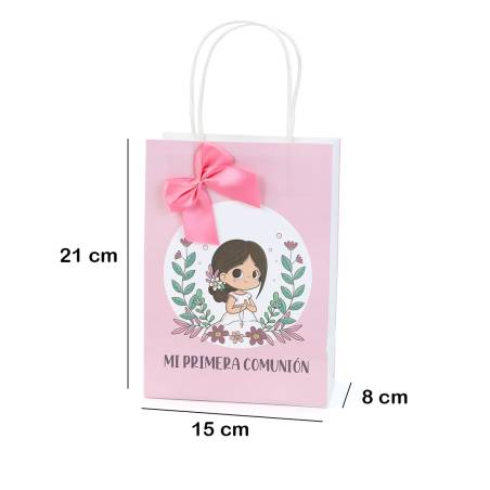 Bolsa de Papel Primera Comunión Niña Rosa con Lazo y Asas - Detalles para comunión