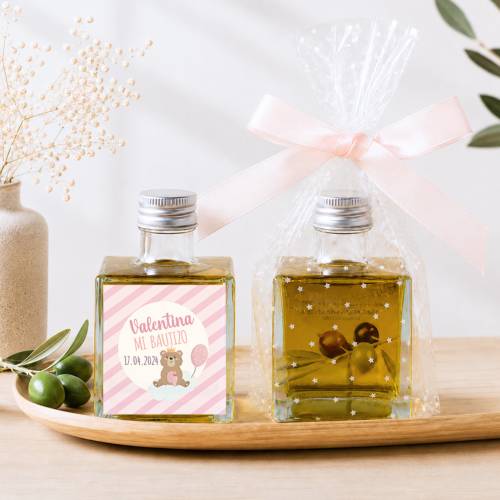 Aceite de Oliva Personalizado para Bautizo "Modelo Valentina" Botella Cuadrada 100 ml - Inicio