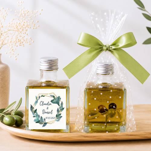 Aceite de Oliva Personalizado para Boda "Modelo Selva" Botella Cuadrada 100 ml - Aceite de oliva personalizado boda