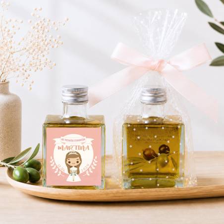Aceite de Oliva Personalizado para Comunión "Modelo Martina rosa" Botella Cuadrada 100 ml - Aceite de oliva personalizado comuni