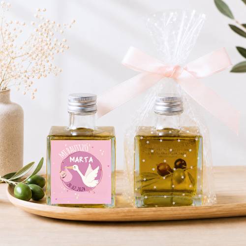 Aceite de Oliva Personalizado para Bautizo "Modelo Cigüeña" Botella Cuadrada 100 ml - Aceite de oliva personalizado bautizo