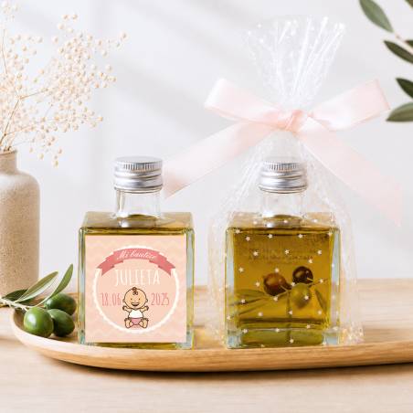 Aceite de Oliva Personalizado para Bautizo "Modelo Galleta" Botella Cuadrada 100 ml - Aceite de oliva personalizado bautizo