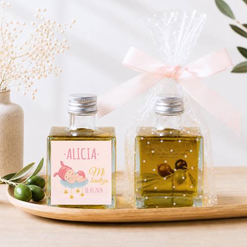 Aceite de Oliva Personalizado para Bautizo "Modelo Dreams" Botella Cuadrada 100 ml - Aceite de oliva personalizado bautizo