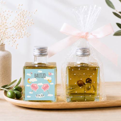 Aceite de Oliva Personalizado para Bautizo "Gemelas nube" Botella Cuadrada 100 ml - Aceite de oliva personalizado bautizo